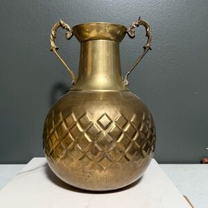 Luxurious Vintage Brass Vase with Intricate Handles MCM Made in India 12” Tall